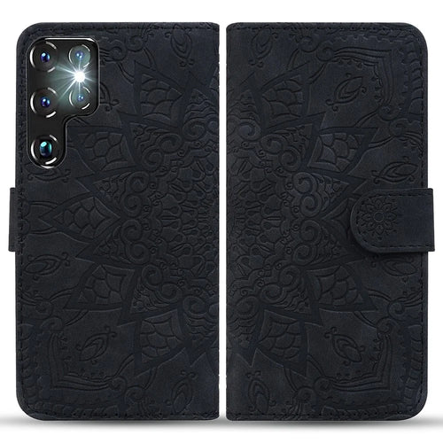 For Samsung Galaxy S25 Ultra Case PU Leather Wallet Flip Phone Cover Flower Imprinted - Black - 1