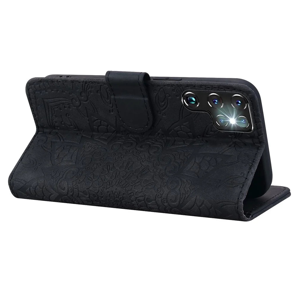 For Samsung Galaxy S25 Ultra Case PU Leather Wallet Flip Phone Cover Flower Imprinted - Black - 4