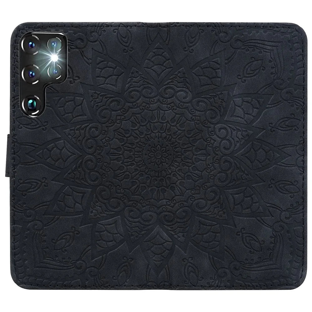 For Samsung Galaxy S25 Ultra Case PU Leather Wallet Flip Phone Cover Flower Imprinted - Black - 5