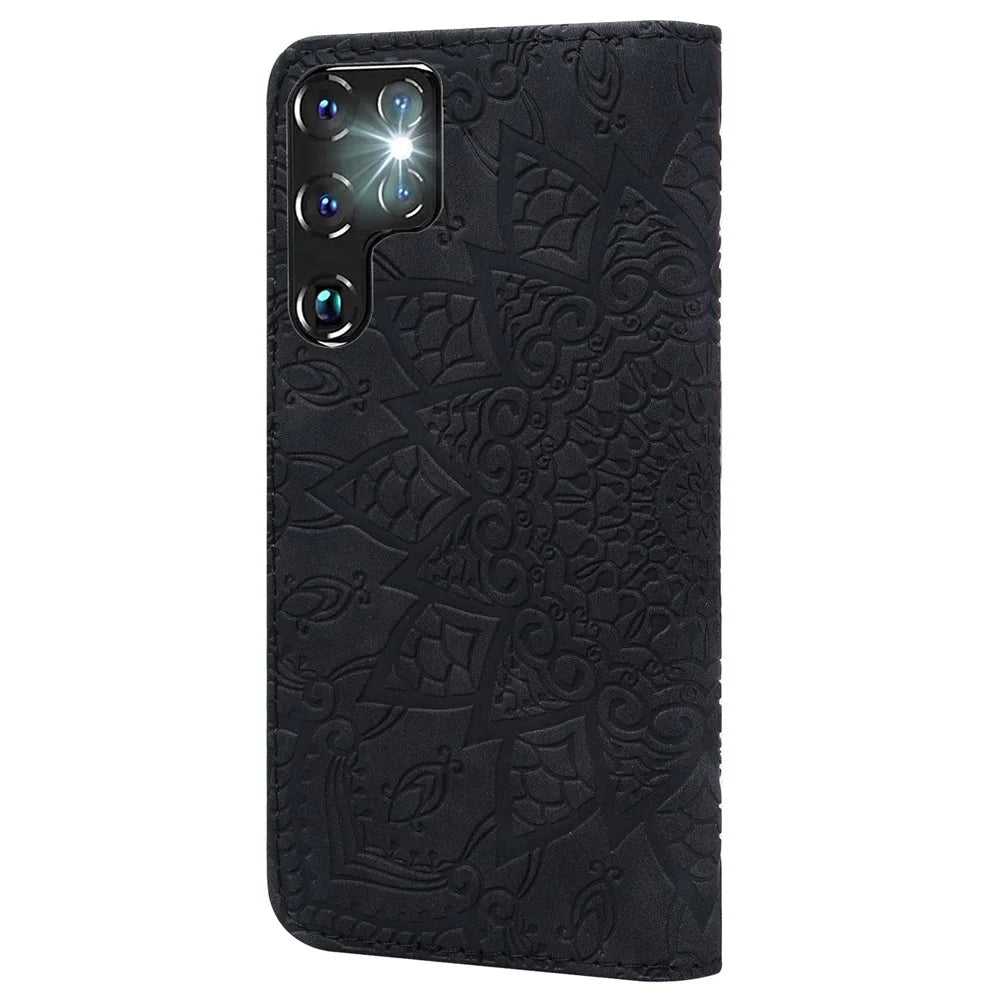 For Samsung Galaxy S25 Ultra Case PU Leather Wallet Flip Phone Cover Flower Imprinted - Black - 7