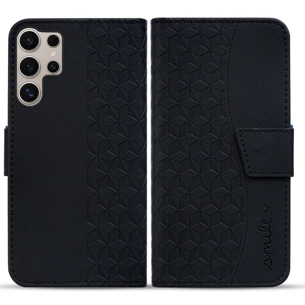 For Samsung Galaxy S25 Ultra Case Rhombus Pattern Leather Wallet Phone Cover - Black - 1