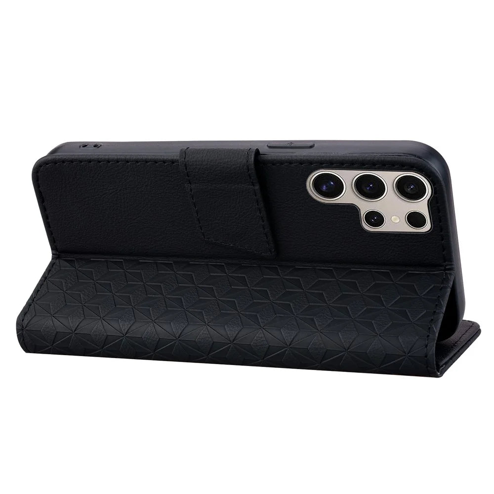 For Samsung Galaxy S25 Ultra Case Rhombus Pattern Leather Wallet Phone Cover - Black - 3