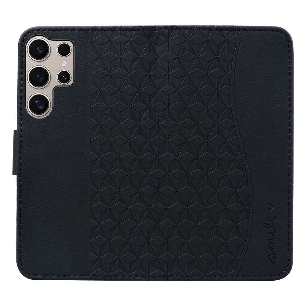 For Samsung Galaxy S25 Ultra Case Rhombus Pattern Leather Wallet Phone Cover - Black - 5