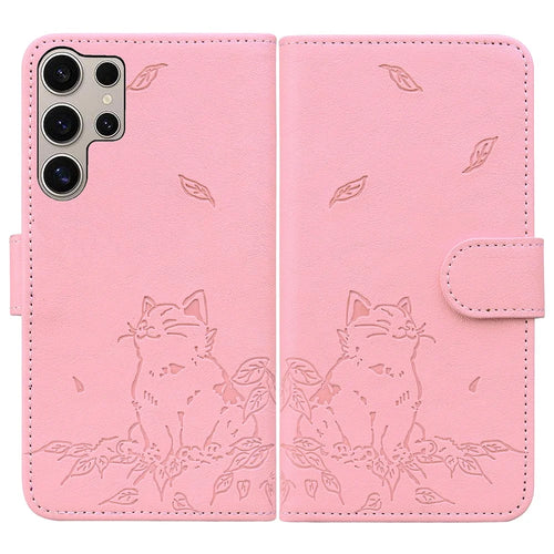 For Samsung Galaxy S25 Ultra Case Wallet Cat Pattern Imprinted Leather Phone Cover - Pink - 1