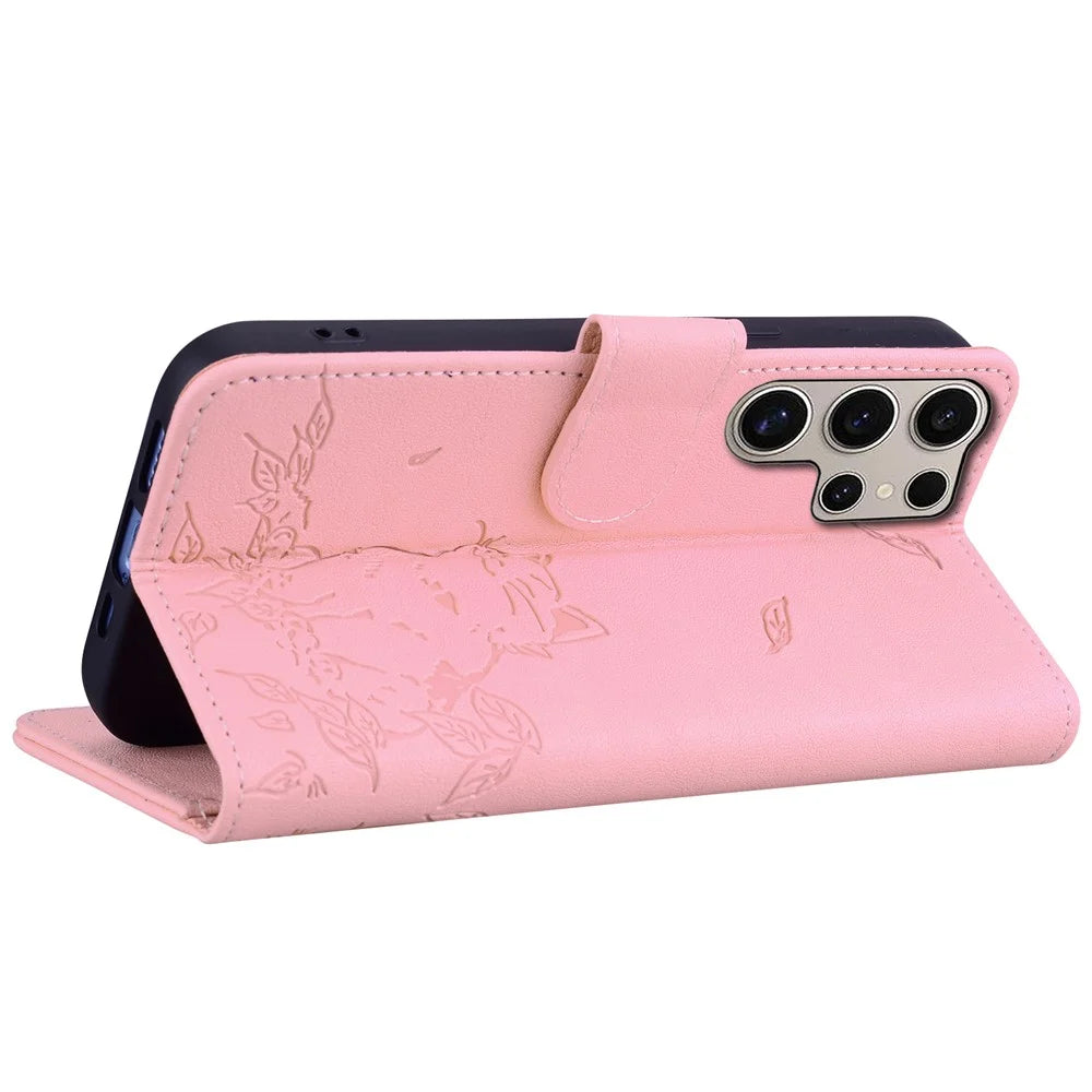 For Samsung Galaxy S25 Ultra Case Wallet Cat Pattern Imprinted Leather Phone Cover - Pink - 4