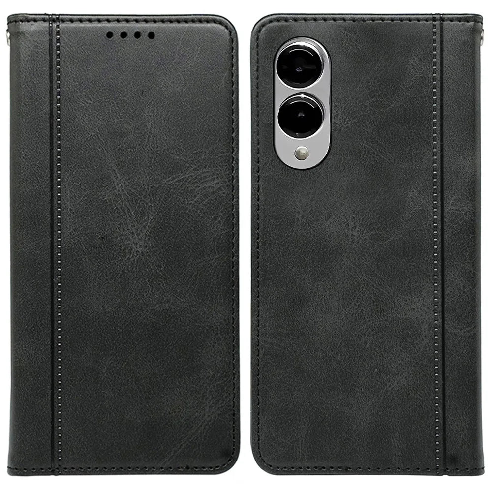 For Samsung Galaxy S25 Edge Case Hidden Magnetic Closure Calf Texture Leather Phone Cover - Black - 1