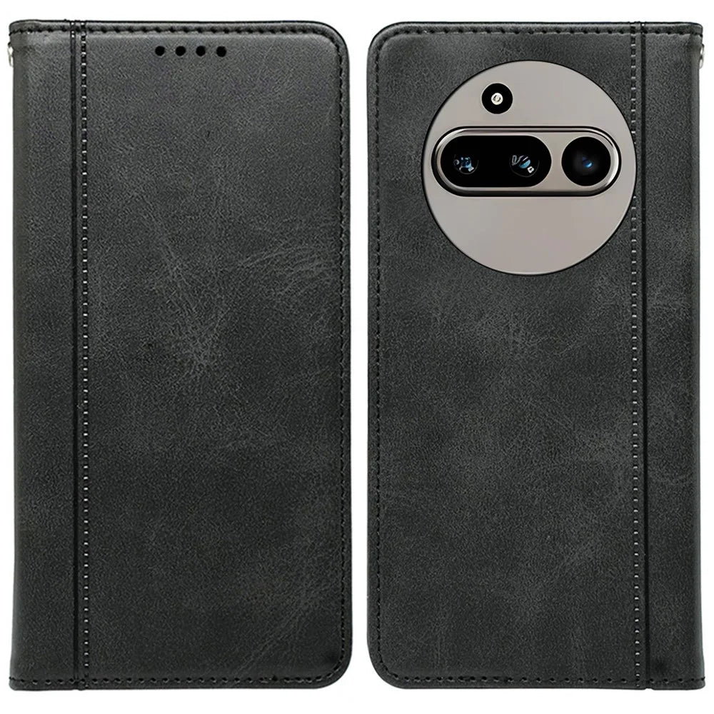 For Nothing Phone (3a) Case Hidden Magnetic Closure Calf Texture Leather Phone Cover - Black - 1