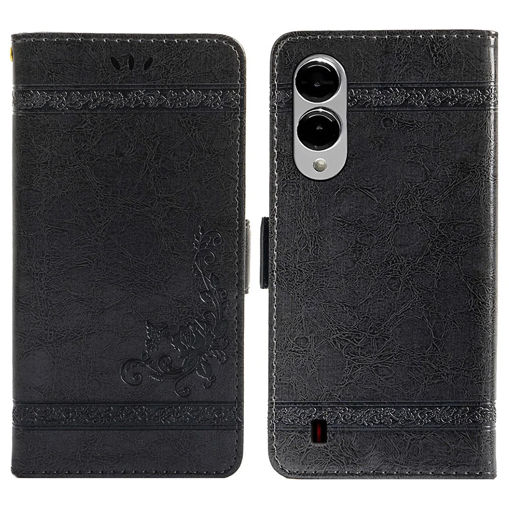 For Samsung Galaxy S25 Edge Leather Case Flower Imprint Wallet Phone Cover with Side Buckle - Black - 1