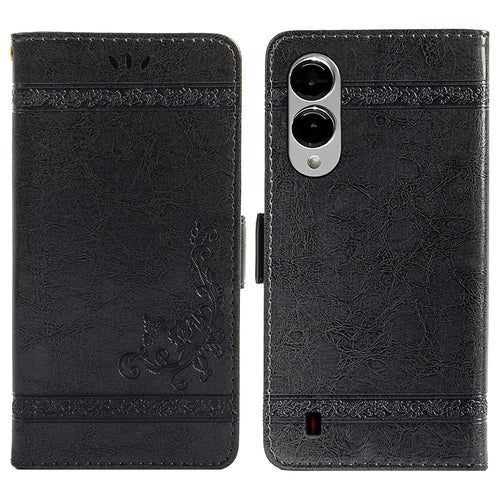 For Samsung Galaxy S25 Edge Leather Case Flower Imprint Wallet Phone Cover with Side Buckle - Black - 1
