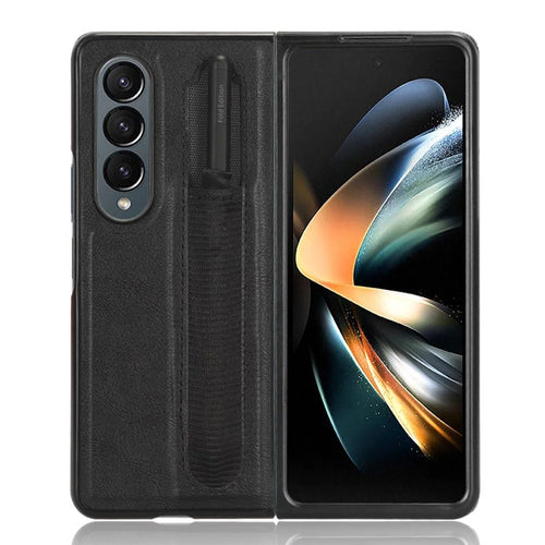 For Samsung Galaxy Z Fold4 5G Retro Texture PU Leather + Hard PC Shell Shockproof Anti-Scratch Phone Cover with Pen Holder - Black - 1