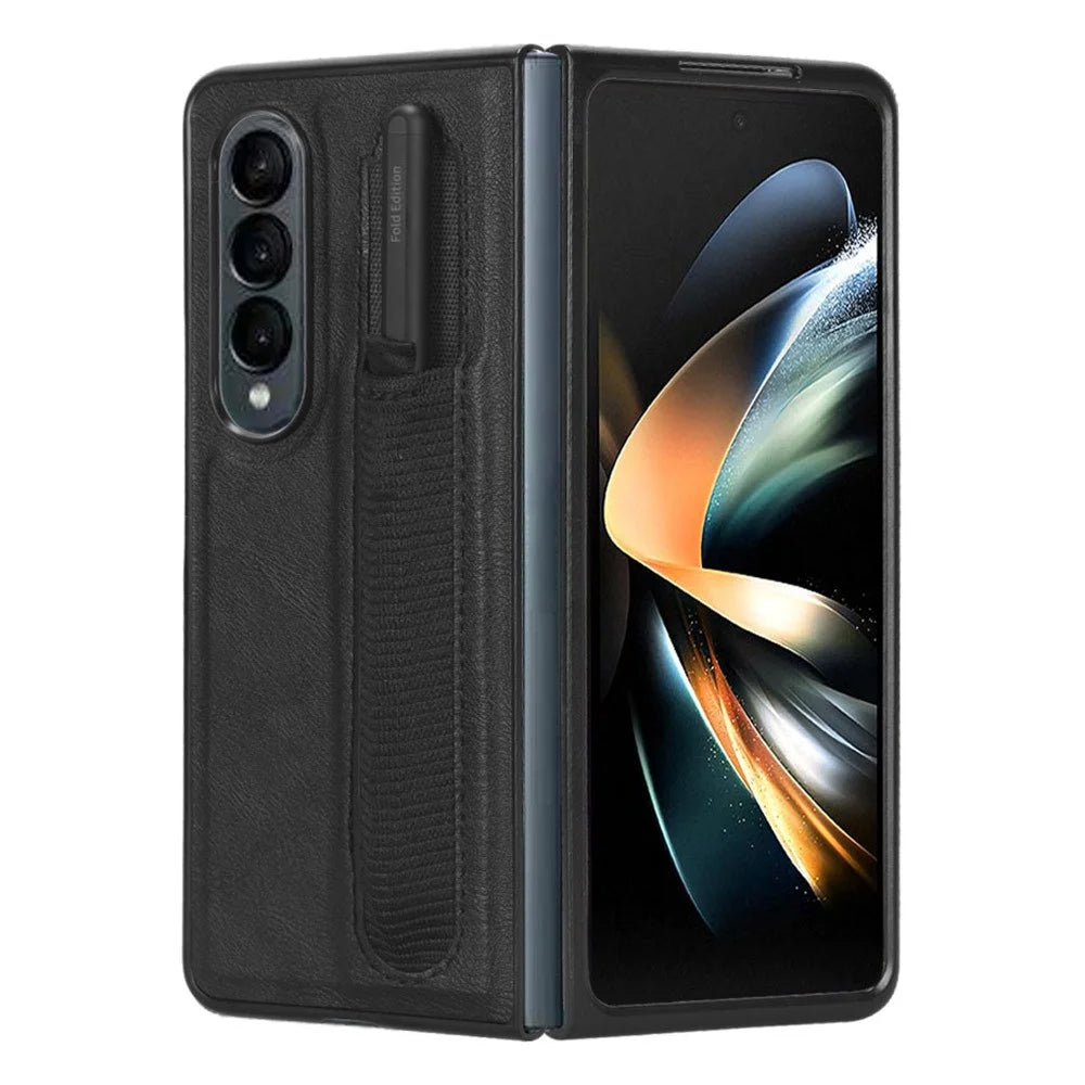 For Samsung Galaxy Z Fold4 5G Retro Texture PU Leather + Hard PC Shell Shockproof Anti-Scratch Phone Cover with Pen Holder - Black - 2