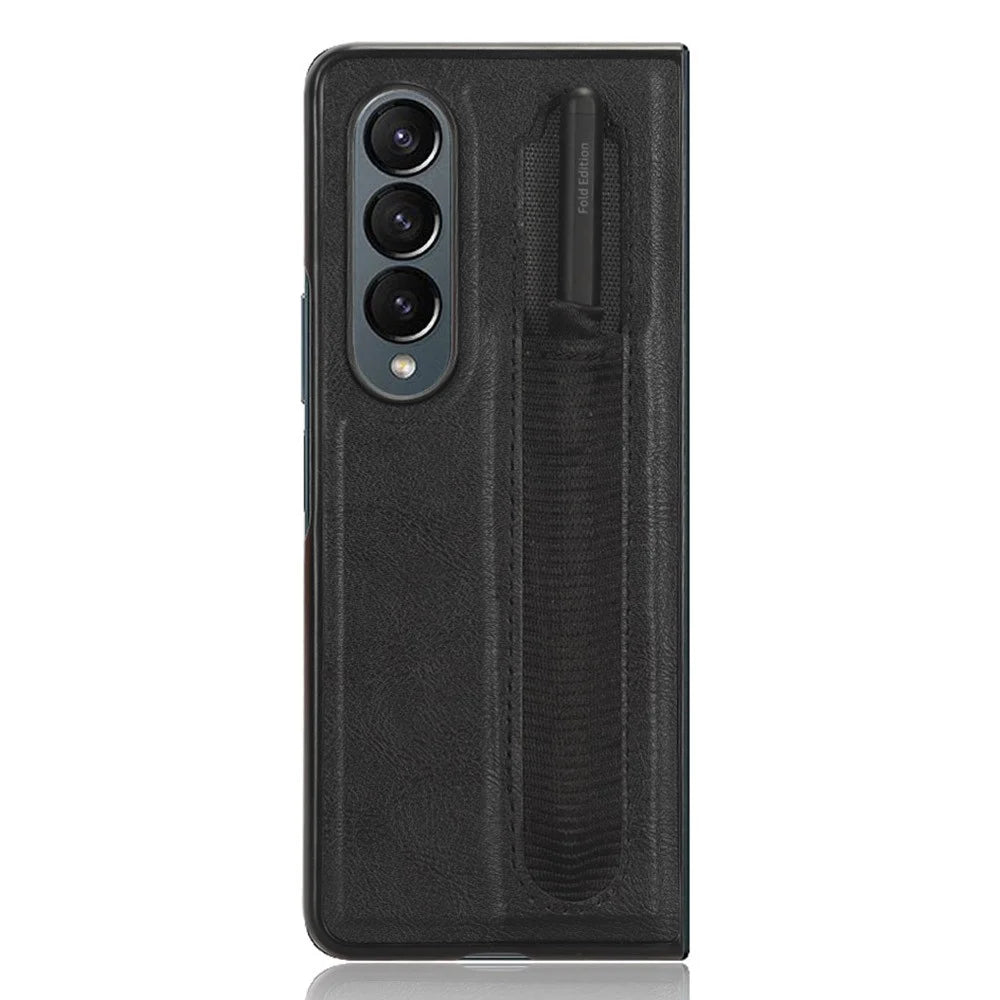 For Samsung Galaxy Z Fold4 5G Retro Texture PU Leather + Hard PC Shell Shockproof Anti-Scratch Phone Cover with Pen Holder - Black - 3