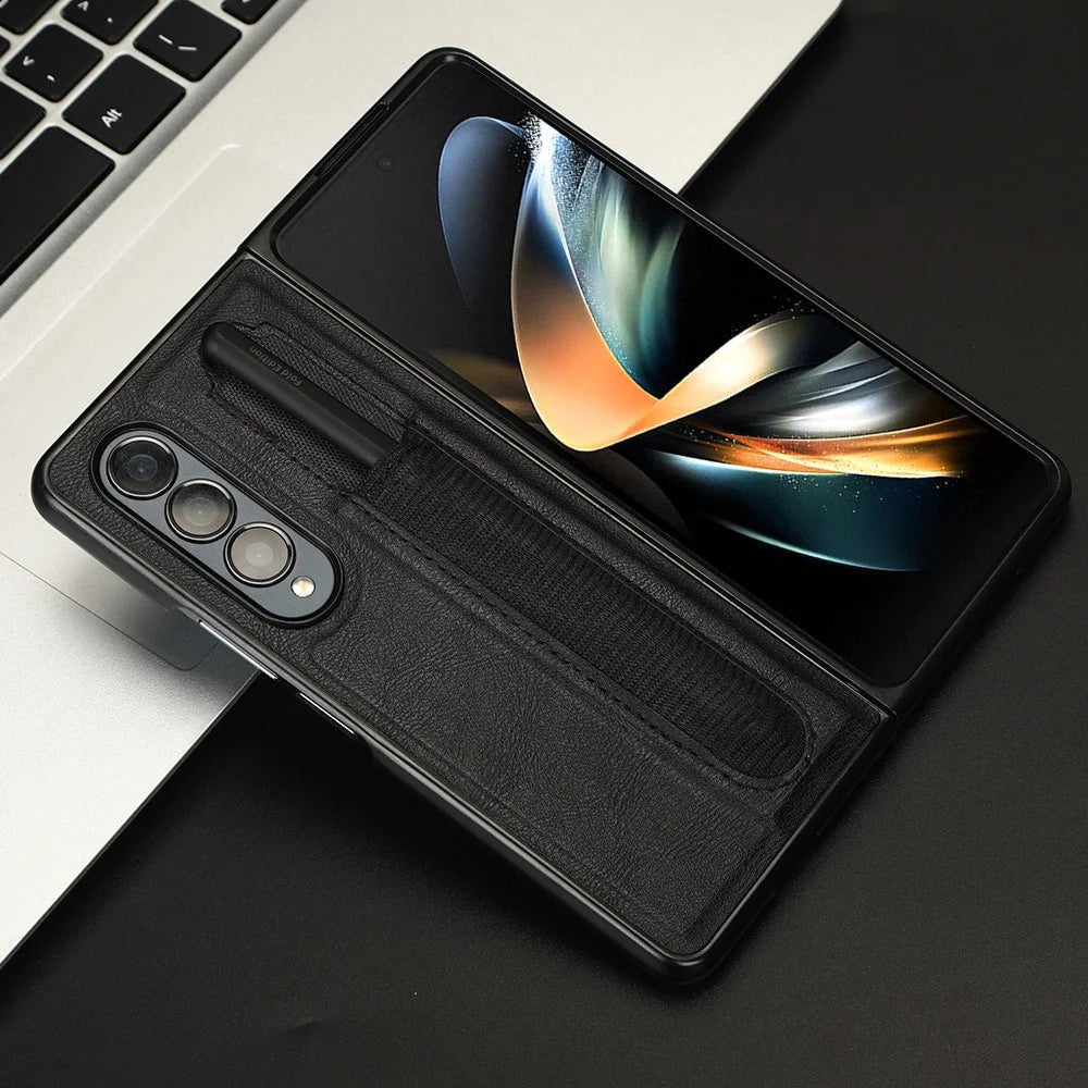 For Samsung Galaxy Z Fold4 5G Retro Texture PU Leather + Hard PC Shell Shockproof Anti-Scratch Phone Cover with Pen Holder - Black - 7