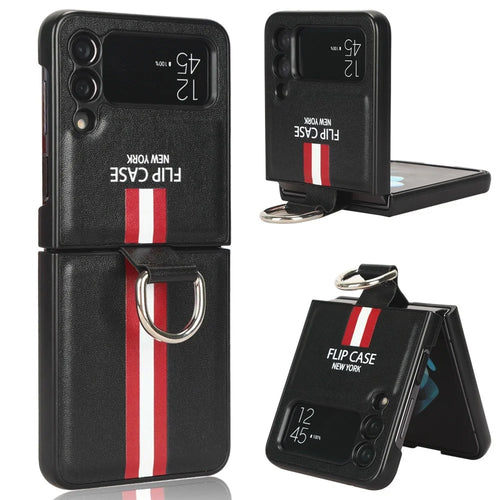 For Samsung Galaxy Z Flip4 5G Colored Stripe Pattern Printed Phone Case  PU Leather Coated Hard PC Protective Cover with Finger Ring Strap - Black - 1