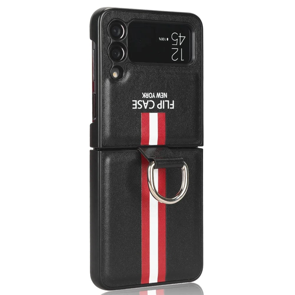For Samsung Galaxy Z Flip4 5G Colored Stripe Pattern Printed Phone Case  PU Leather Coated Hard PC Protective Cover with Finger Ring Strap - Black - 2