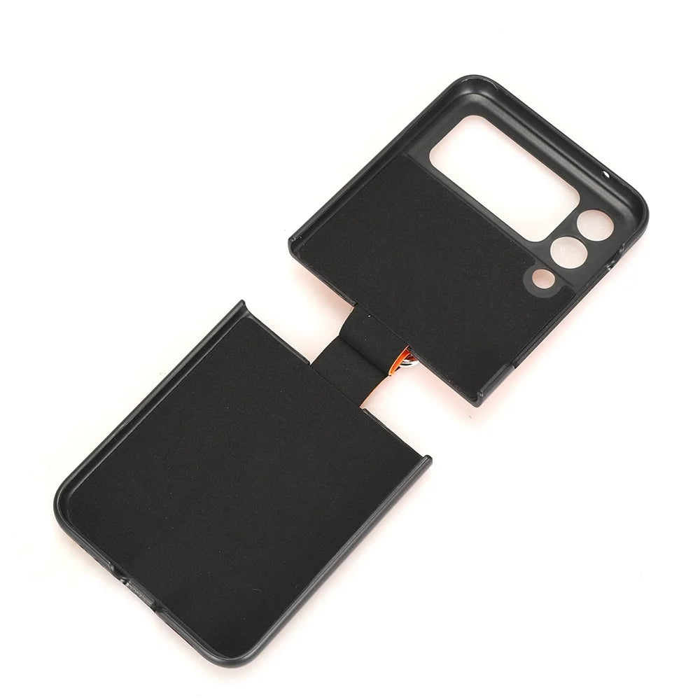 For Samsung Galaxy Z Flip4 5G Colored Stripe Pattern Printed Phone Case  PU Leather Coated Hard PC Protective Cover with Finger Ring Strap - Black - 6