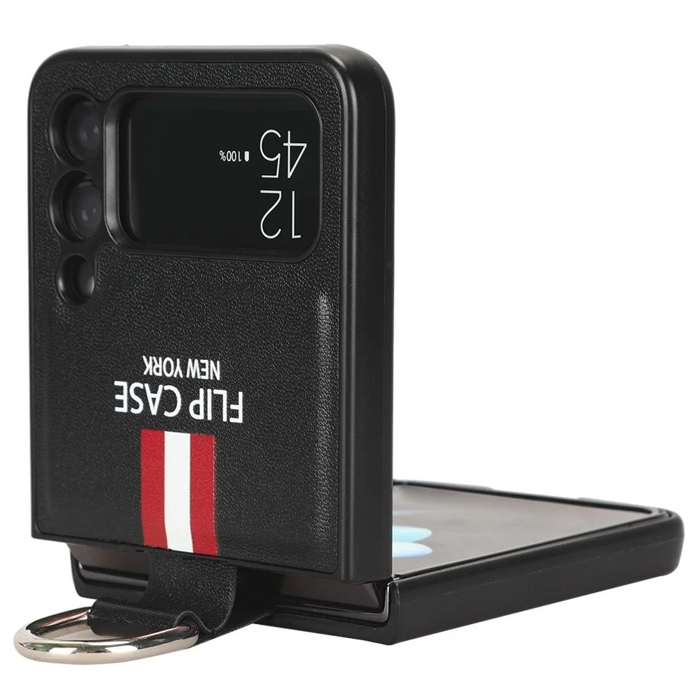 For Samsung Galaxy Z Flip3 5G PU Leather + Hard PC Shell Colored Stripe Pattern Shockproof Phone Case Cover with Ring Strap - Black - 4