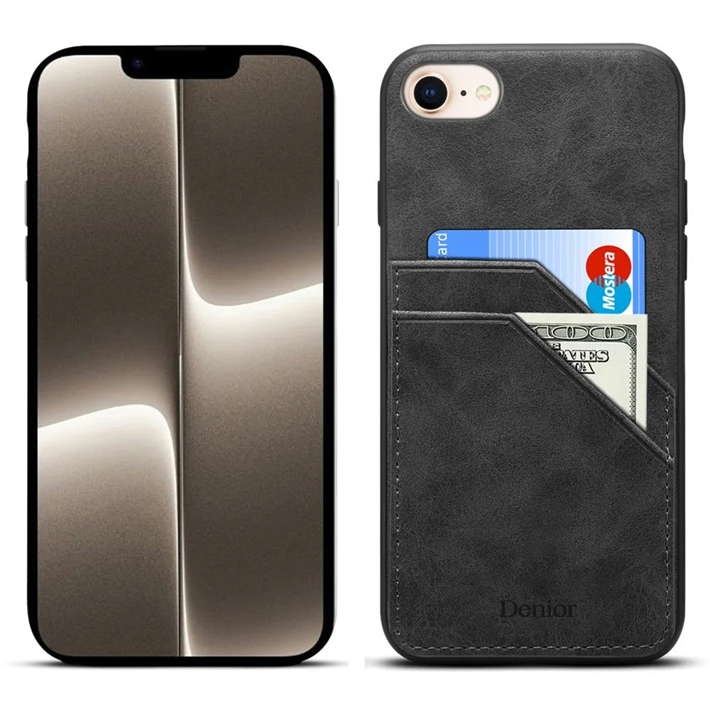 For iPhone 17e / 16e Case PU Leather Coated PC + TPU Phone Back Cover with Dual Card Slots - Black - 1