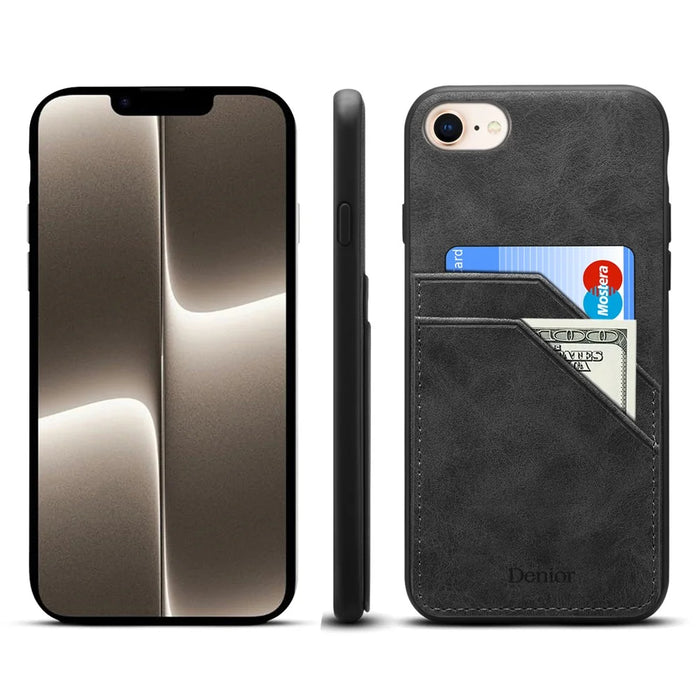 For iPhone 17e / 16e Case PU Leather Coated PC + TPU Phone Back Cover with Dual Card Slots - Black - 5