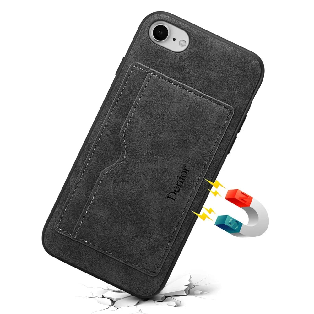 DENIOR For iPhone 17e / 16e Case Card Holder Kickstand Retro Leather+PC+TPU Phone Cover - Black - 1