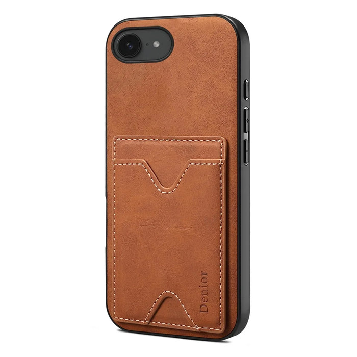 DENIOR For iPhone 17e / 16e Case Card Holder Kickstand Leather + PC + TPU Phone Cover - Brown - 1