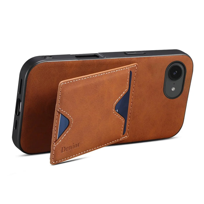 DENIOR For iPhone 17e / 16e Case Card Holder Kickstand Leather + PC + TPU Phone Cover - Brown - 3