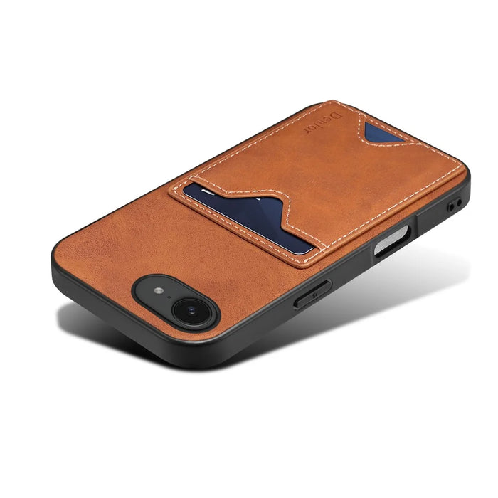 DENIOR For iPhone 17e / 16e Case Card Holder Kickstand Leather + PC + TPU Phone Cover - Brown - 5