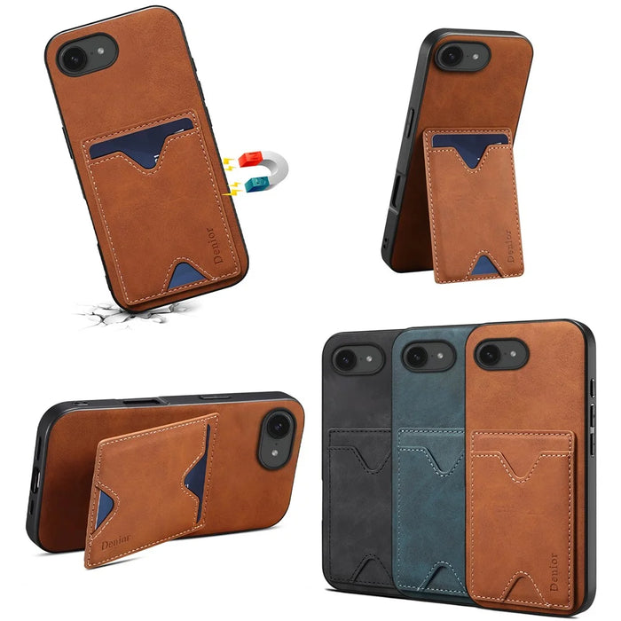 DENIOR For iPhone 17e / 16e Case Card Holder Kickstand Leather + PC + TPU Phone Cover - Brown - 6