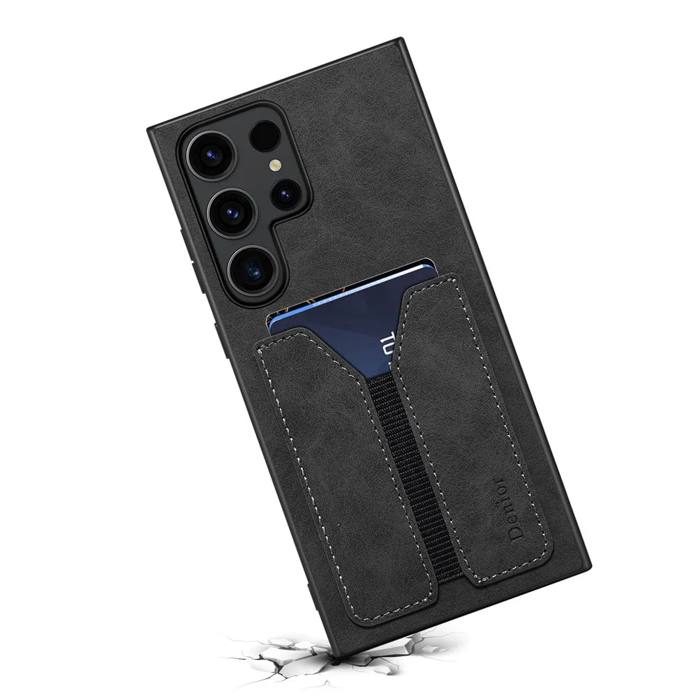 DENIOR For Samsung Galaxy S25 Ultra Case Elastic Card Holder PU Leather + TPU + PC Phone Cover - Black - 4