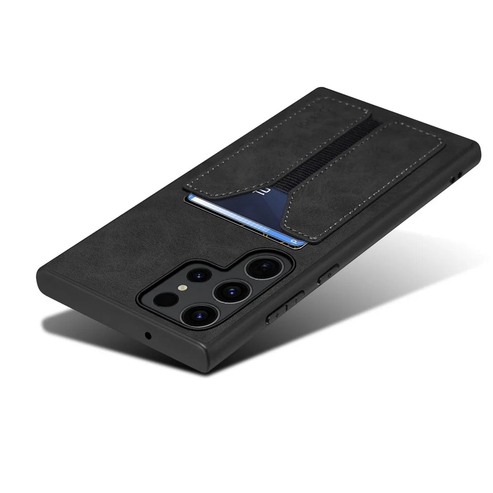 DENIOR For Samsung Galaxy S25 Ultra Case Elastic Card Holder PU Leather + TPU + PC Phone Cover - Black - 5