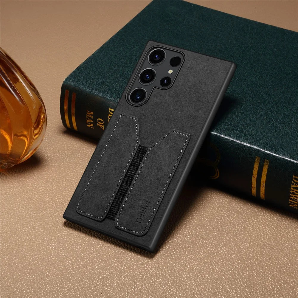 DENIOR For Samsung Galaxy S25 Ultra Case Elastic Card Holder PU Leather + TPU + PC Phone Cover - Black - 7
