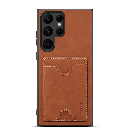 DENIOR For Samsung Galaxy S25 Ultra Case Card Holder Kickstand Leather + PC + TPU Phone Cover - Brown - 1
