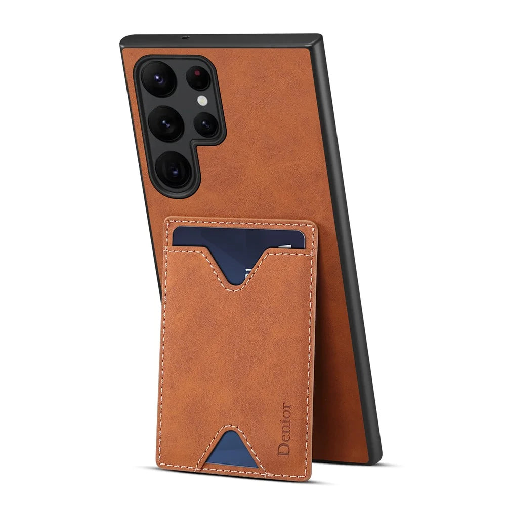 DENIOR For Samsung Galaxy S25 Ultra Case Card Holder Kickstand Leather + PC + TPU Phone Cover - Brown - 4