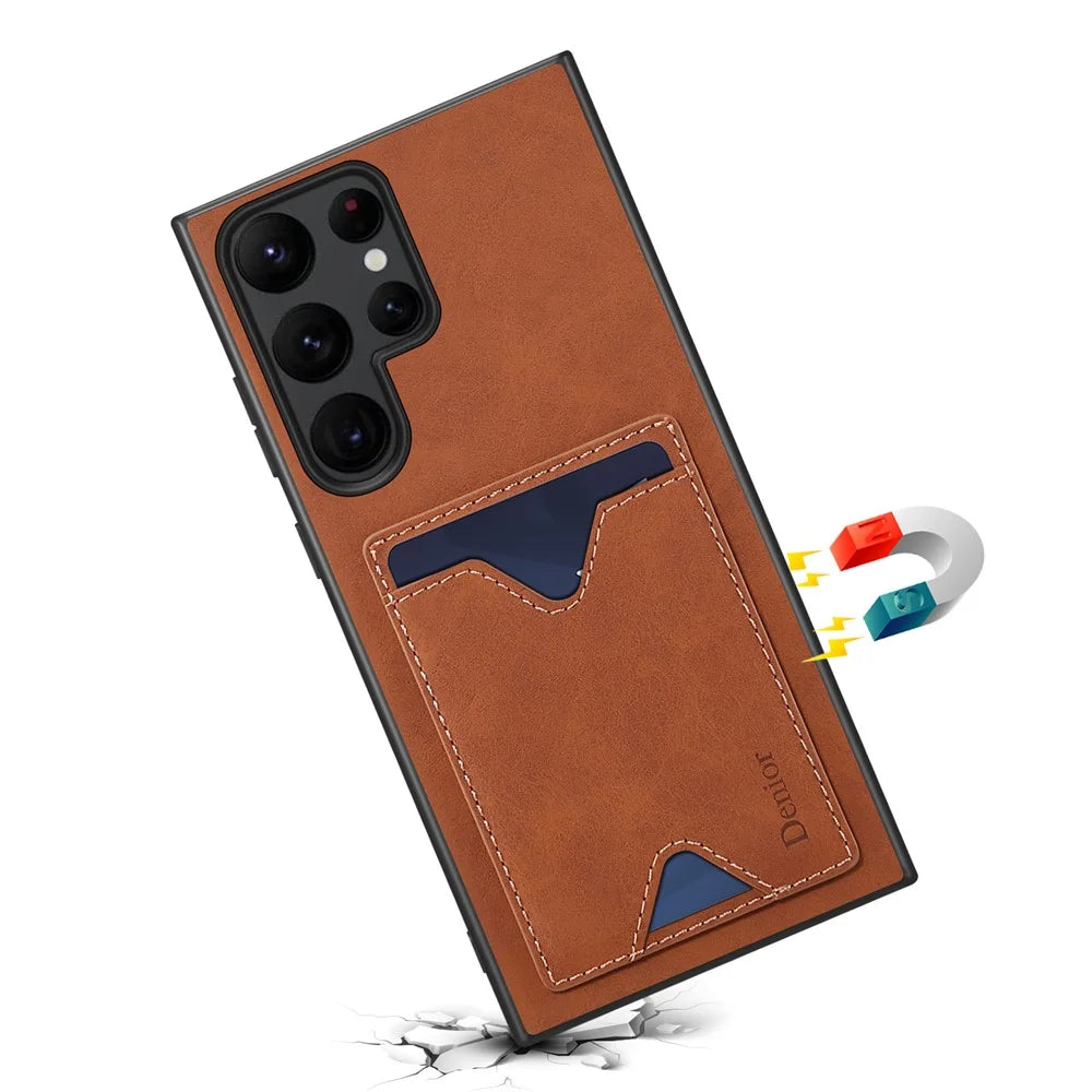 DENIOR For Samsung Galaxy S25 Ultra Case Card Holder Kickstand Leather + PC + TPU Phone Cover - Brown - 5