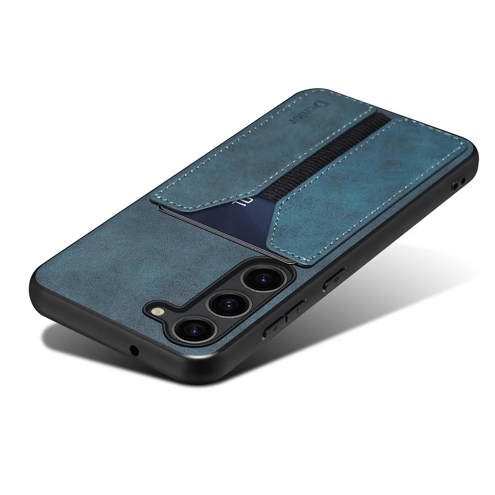 DENIOR For Samsung Galaxy S25 Case Elastic Card Holder PU Leather + TPU + PC Phone Cover - Blue - 3