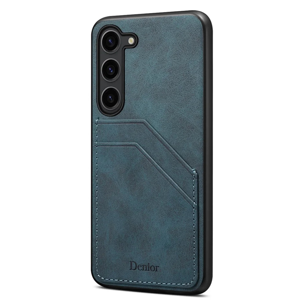 For Samsung Galaxy S25 Case PU Leather Coated PC + TPU Phone Back Cover with Dual Card Slots - Blue - 1