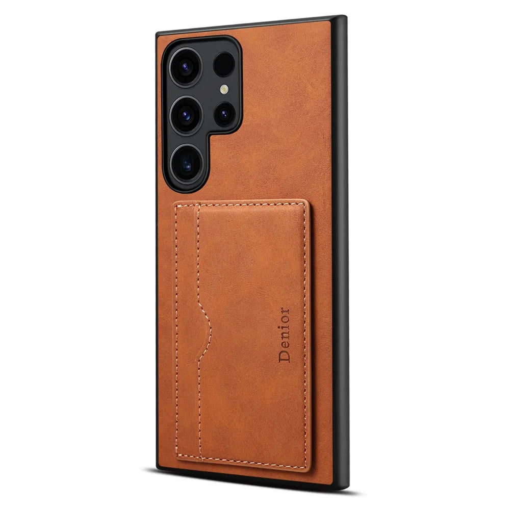 DENIOR For Samsung Galaxy S25 Ultra Case Card Holder Kickstand Retro Leather + PC + TPU Phone Cover - Brown - 1