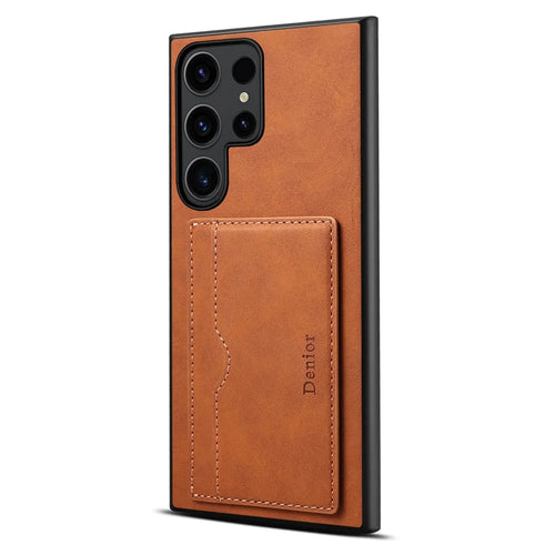 DENIOR For Samsung Galaxy S25 Ultra Case Card Holder Kickstand Retro Leather + PC + TPU Phone Cover - Brown - 1