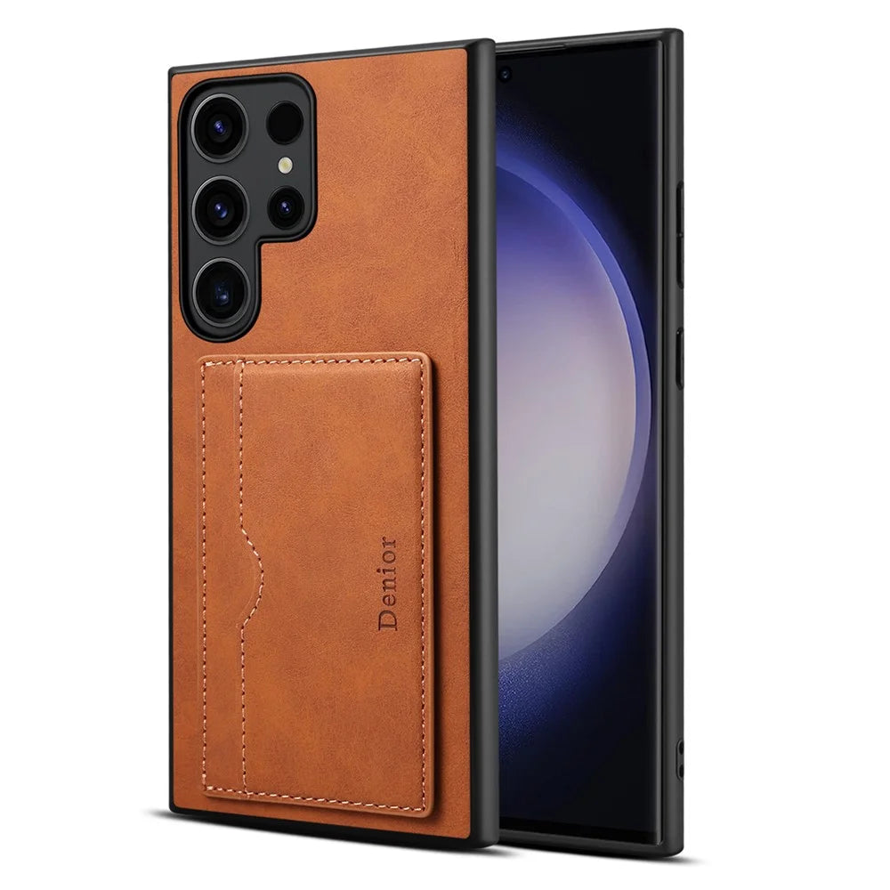 DENIOR For Samsung Galaxy S25 Ultra Case Card Holder Kickstand Retro Leather + PC + TPU Phone Cover - Brown - 4