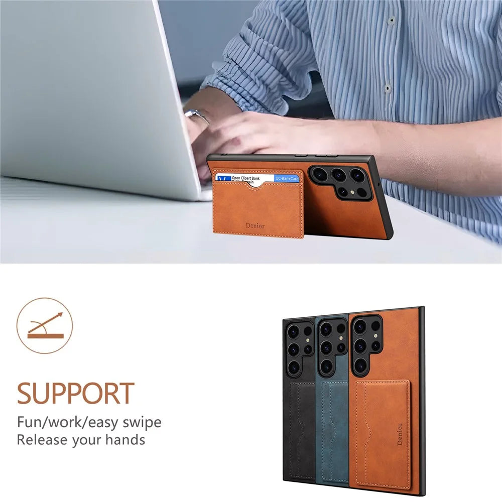DENIOR For Samsung Galaxy S25 Ultra Case Card Holder Kickstand Retro Leather + PC + TPU Phone Cover - Brown - 5