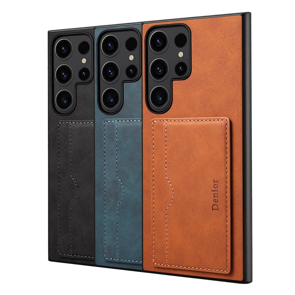 DENIOR For Samsung Galaxy S25 Ultra Case Card Holder Kickstand Retro Leather + PC + TPU Phone Cover - Brown - 6