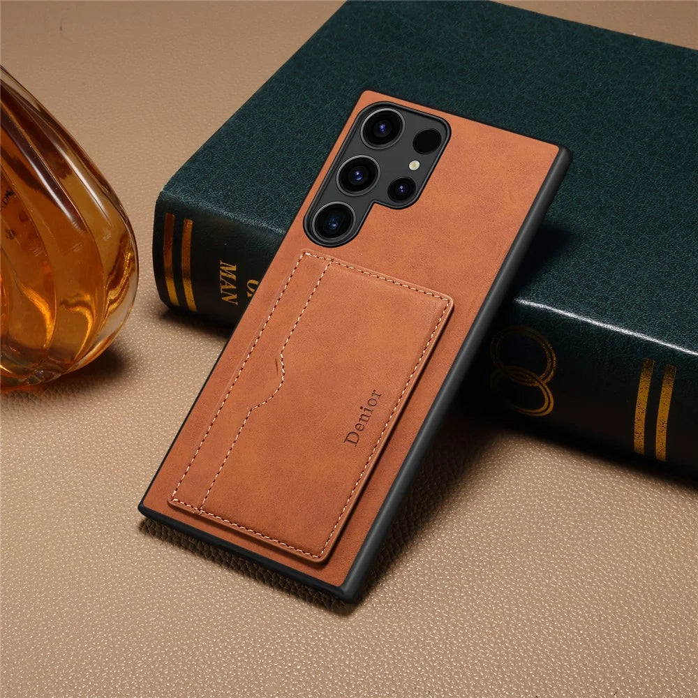 DENIOR For Samsung Galaxy S25 Ultra Case Card Holder Kickstand Retro Leather + PC + TPU Phone Cover - Brown - 7