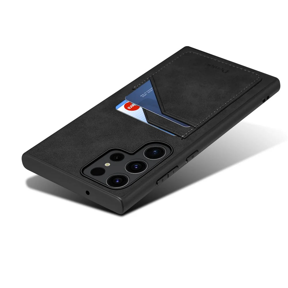 For Samsung Galaxy S25 Ultra Case PU Leather Coated PC + TPU Phone Back Cover with Dual Card Slots - Black - 5