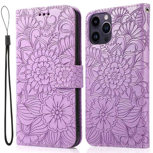 Imprinted Flower Pattern Phone Case for iPhone 13 Pro, Foldable Stand PU Leather Flip Wallet Cover Protective Phone Shell with Strap - Purple - 1