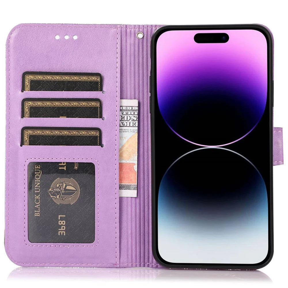 Imprinted Flower Pattern Phone Case for iPhone 13 Pro, Foldable Stand PU Leather Flip Wallet Cover Protective Phone Shell with Strap - Purple - 2