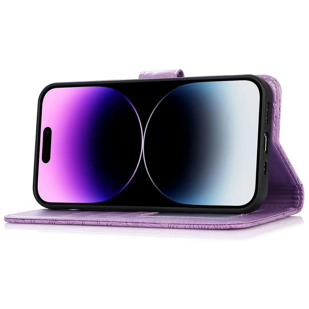 Imprinted Flower Pattern Phone Case for iPhone 13 Pro, Foldable Stand PU Leather Flip Wallet Cover Protective Phone Shell with Strap - Purple - 3