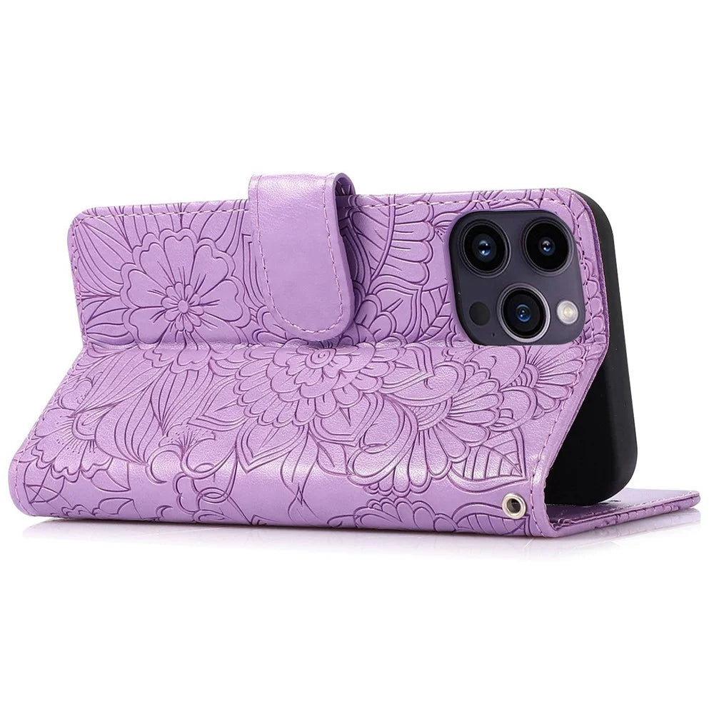 Imprinted Flower Pattern Phone Case for iPhone 13 Pro, Foldable Stand PU Leather Flip Wallet Cover Protective Phone Shell with Strap - Purple - 4