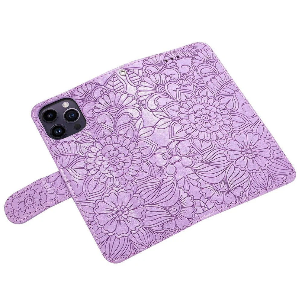 Imprinted Flower Pattern Phone Case for iPhone 13 Pro, Foldable Stand PU Leather Flip Wallet Cover Protective Phone Shell with Strap - Purple - 5