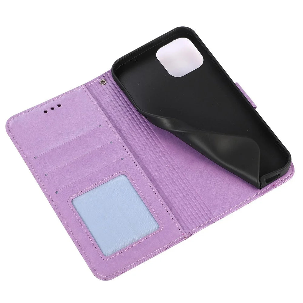 Imprinted Flower Pattern Phone Case for iPhone 13 Pro, Foldable Stand PU Leather Flip Wallet Cover Protective Phone Shell with Strap - Purple - 6