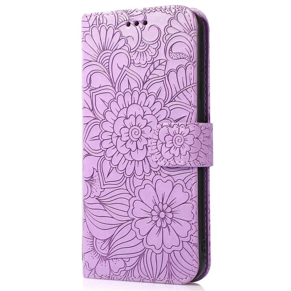 Imprinted Flower Pattern Phone Case for iPhone 13 Pro, Foldable Stand PU Leather Flip Wallet Cover Protective Phone Shell with Strap - Purple - 7